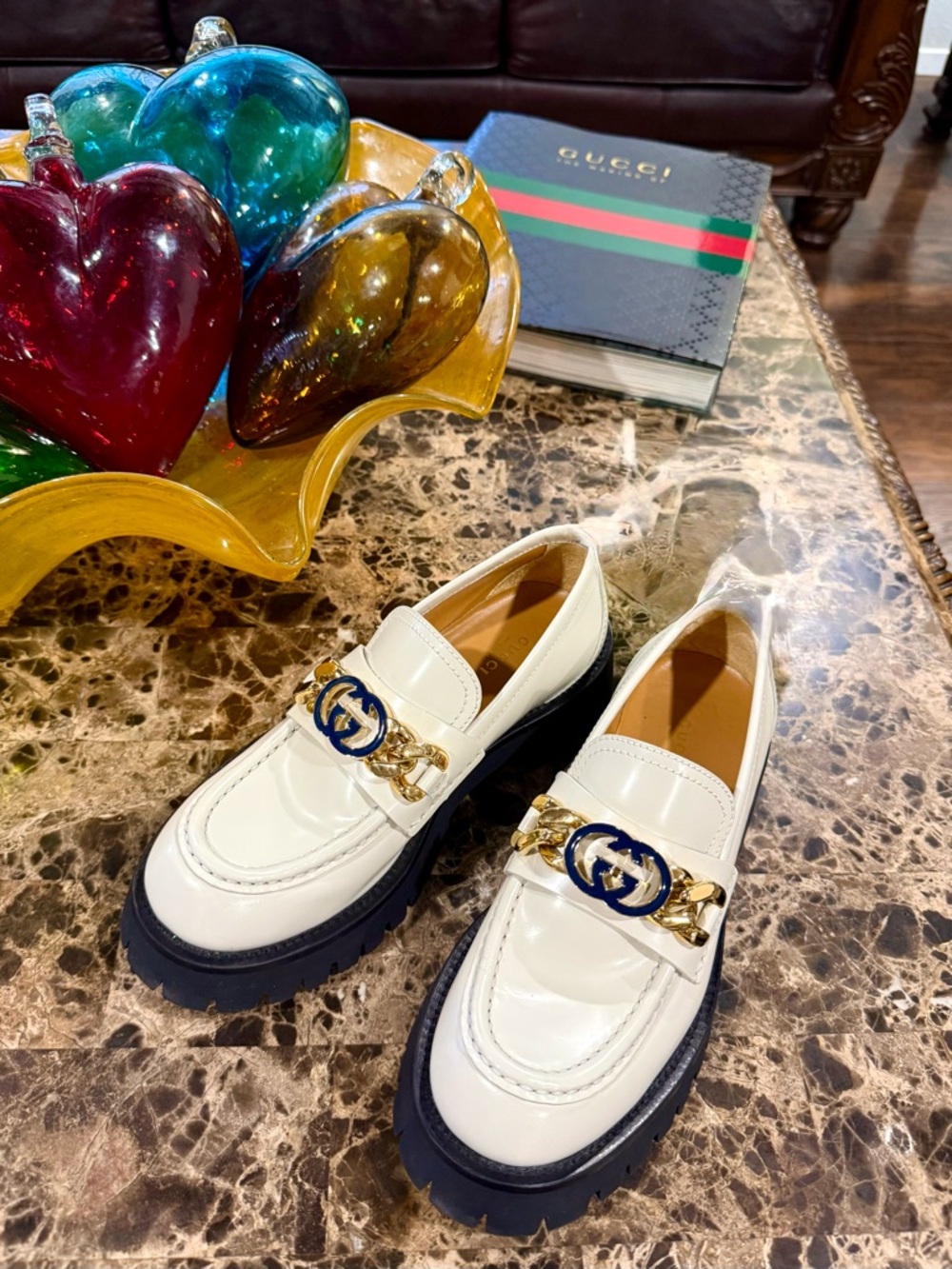 Gucci White Leather Loafers with Navy Soles and Gold Hardware